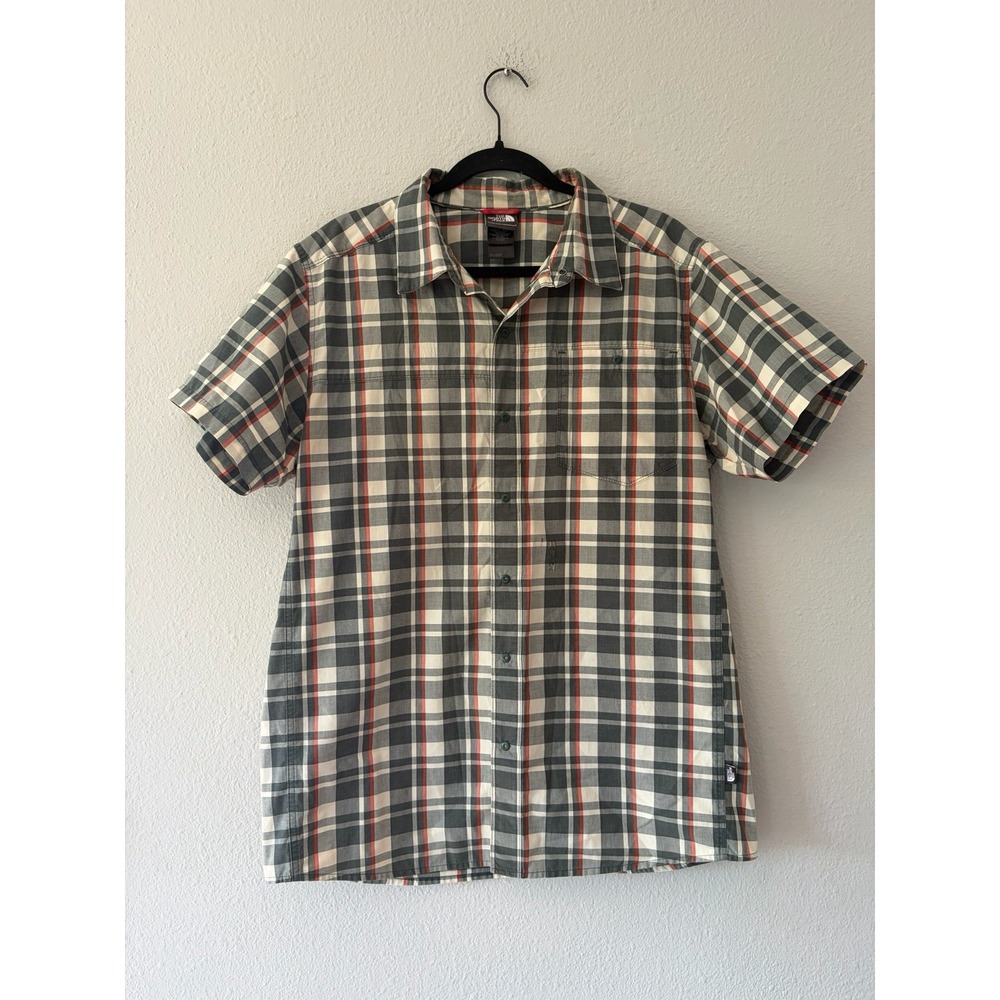 The North Face Mens Short Sleeve Button Down Plaid Shirt Large Gray Red